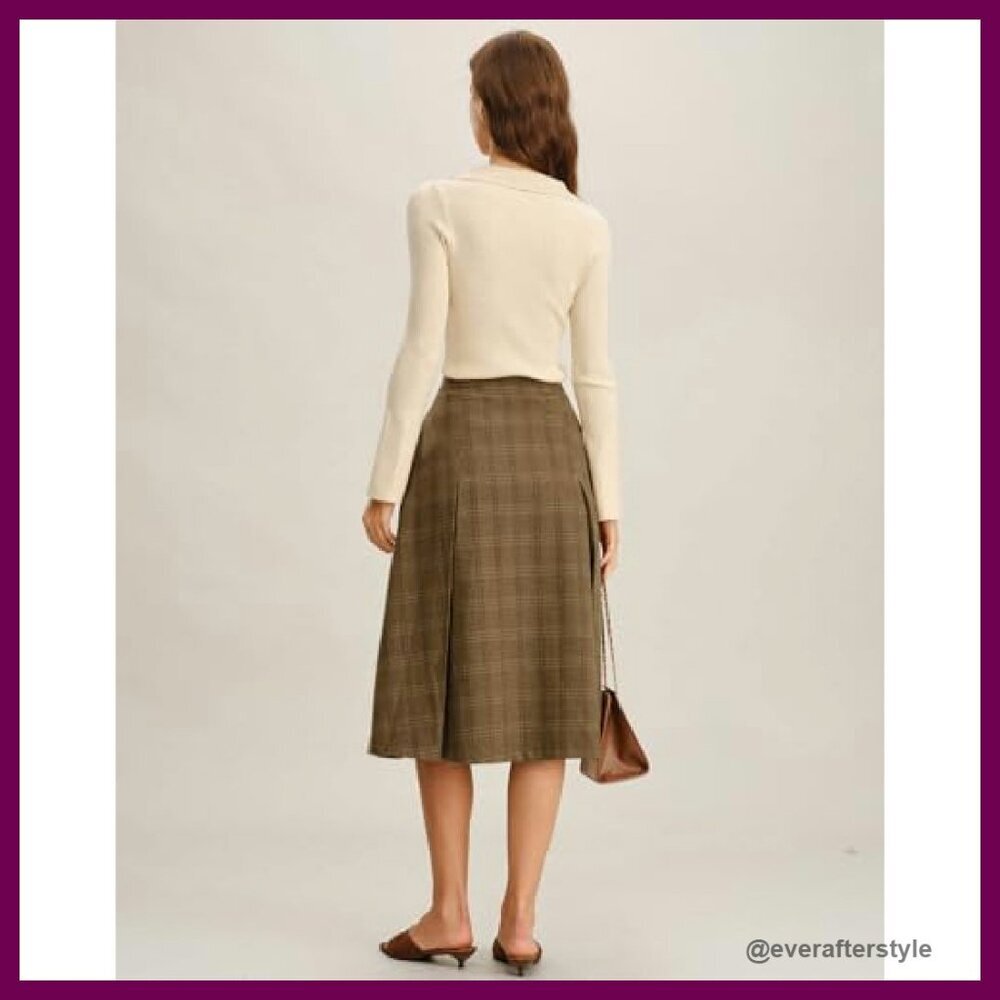 Vintage Plaid A-Line Midi Skirt High Waist Elegant Retro Wool-Blend Pockets - Picture 6 of 6